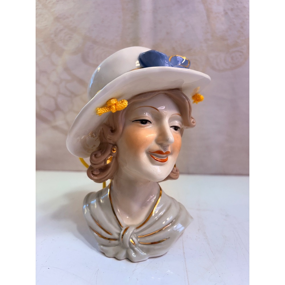 Vintage Style Ceramic Lady Head Vase White Hat Blue Bow Gold Accents Planter